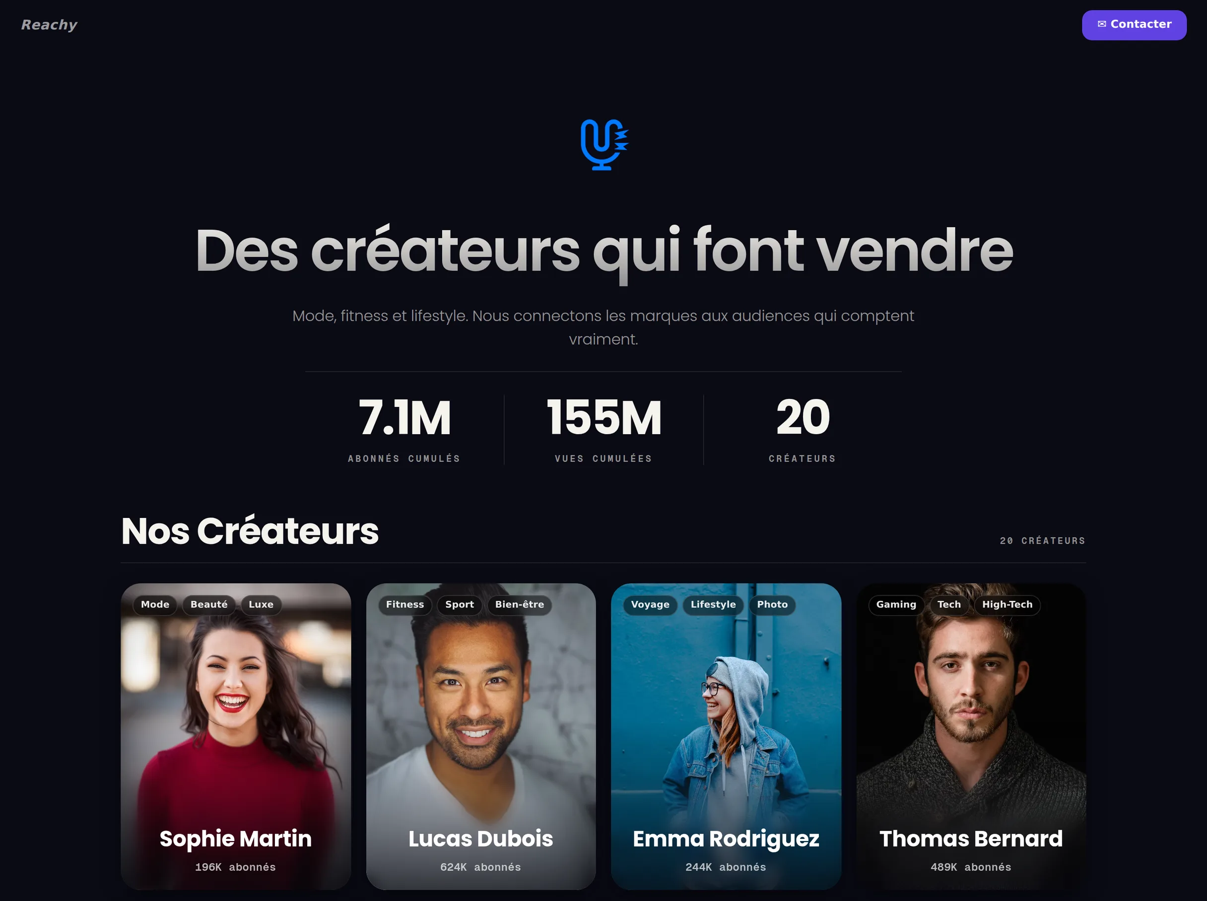 Kit média de l'agence SocialBoost : son roster de créateurs en portraits, avec le nombre d'abonnés et la niche de chacun.