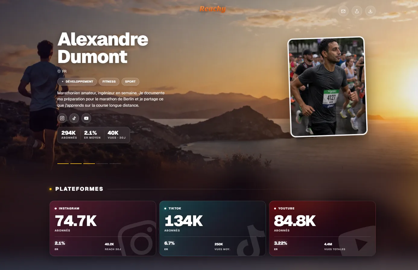 Le kit média public d'un créateur · photo, niches, statistiques certifiées et contact.