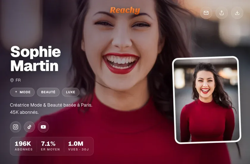 Le kit média de Sophie Martin · photo, niches, bio et statistiques certifiées sur une seule page.