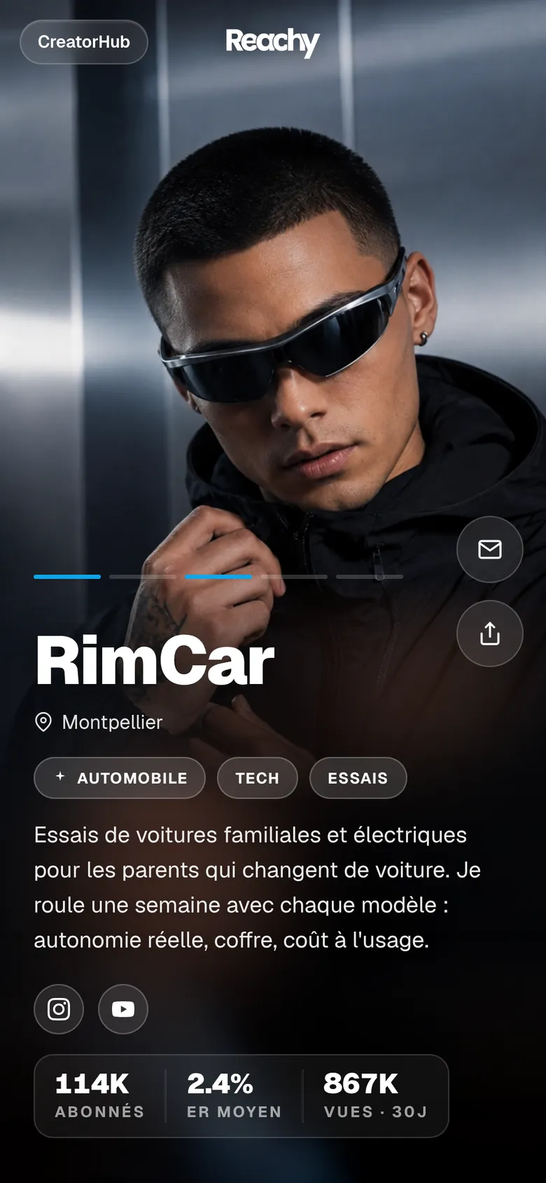 Kit média de démonstration de RimCar sur téléphone, gabarit Aura : portrait, nom, ville, niches, bio et chiffres clés